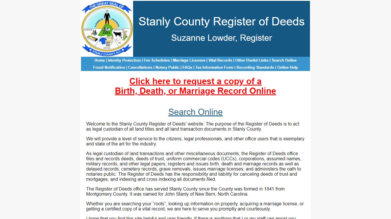 Register Of Deeds - Stanly County, NC